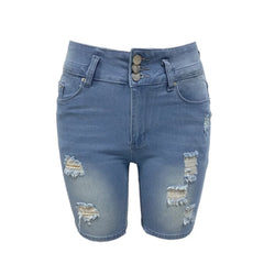 Cyflymder Fashion Slim Sexy Hip Lift Denim Shorts Women Three Buttons Splice High Waist Three Quarter Pants Female Broken Holes Mini Jeans