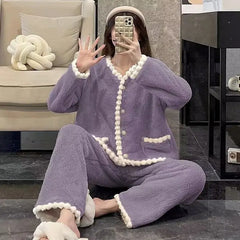 Cyflymder Coral Fleece Pajamas Women Autumn Winter Print Thickened Plush Sleepwear Cardigan Suit Warm Soft Homewear Long Sleeves Pajamas