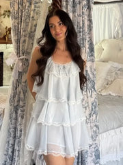 Cyflymder Solid Chiffon Layered Lace Trim Dress Short Sleeves Square Neck Loose Fit Women Dresses Lady Chic Cusual Street Vestidos