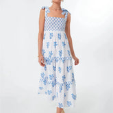 Cyflymder Women Y2k Boho Maxi Dress Sleeveless Tie Shoulder Smocked Flowy Dress Fashion Floral Summer Beach Holiday Sundress