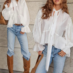 Cyflymder Women Casual High Street Solid Color Commuting Top Simple Lace Up Ruffle Design Tees 2025 New Autumn Puff Sleeve Loose Pullover