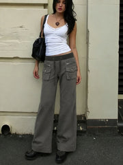 Cyflymder American Streetwear Low Waist Pockets Vintage Patchwork Casual Long Jeans