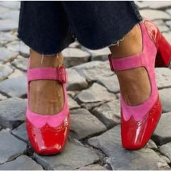 Cyflymder New Women's Red Black Mary Janes Shoes High Quality Leather High Heel Dress Shoes Square Toe Shallow Buckle Strap Women's Shoes