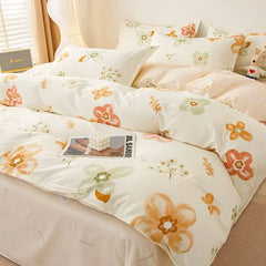 Cyflymder Ins Style Plant Printed Skin Friendly Cotton Bed Sets 4Pcs Soft Cozy Duvet Cover Set for All Seasons King Queen Textile Supplies