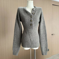 Cyflymder Y2K Slim Gray Sweaters Women Vintage O Neck Long Sleeve Knitted Jumper Casual Buttons Retro Fall Winter Simple Tops Pullover New