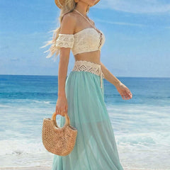 Cyflymder Sexy Off Shoulder Sleeveless Tops & Maxi Skirt Suit Elegant Crochet Knitted Cover Up 2Pc Outfits Women Fashion Hollow Beachwear