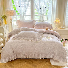 Cyflymder Korean Princess Style Small Florals Lace Ruffles 600TC Cotton Brushed 4Pcs Bedding Set Duvet Cover Flat/Fitted Sheet Pillowcases