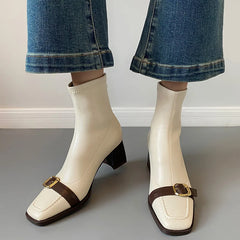 Cyflymder Vintage Thick Heel Woman Ankle Boot Fashion Belt Buckle Ladies Elastic Slim Short Booties Autumn Winter Women's Shoes