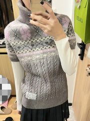 Cyflymder Vintage Jacquard Short Sleeve Sweater Women Half High Collar Slim Fit Y2k Knitted Tops Autumn Winter Versatile Pullover