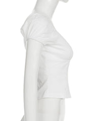 Cyflymder French Style Slim Solid Blouse Holiday Casual Deep V-Neck Short Puff Sleeve Shirts Women 2025 Summer Fashion Streetwear