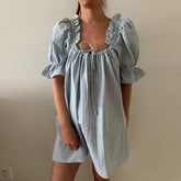 Cyflymder Y2K Kawaii Short Puff Sleeves Mini Dress Vintage Square Neckline Tie Up Bodydall Dress Party Loose Fit A-line Dress