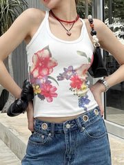 Cyflymder Basic Sweet Floral Tank Tops Sexy Casual Slim O-Neck Sleeveless Tanks Women Summer Fashion Streetwear Ladies Vest