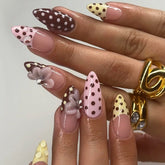 Cyflymder 24pcs Sweet Cute Dotted Fake Nails with 3D Flower Design Press on Nails INS Fashion Almond/Ballet Shaped False Nail Patches