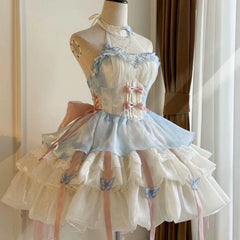Cyflymder Kawaii Lovely Slash Neck Slim Lolita Dress Women Design Sweet Bow Off Shoulder Sling Dresses Fluffy Cute Fairy New Clothing 2026