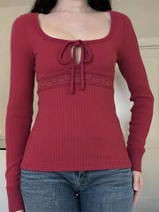 Cyflymder Sweet All Match Solid Square Collar Long Sleeve Lace Patchwork Slim T-Shirts