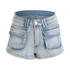 Cyflymder Summer New Women Korean Denim Short Pants Lady Low Waist Slim Fit Hot Pants With Pockets Female Sexy Wash Blue Cargo Jeans Y2k
