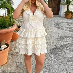 Cyflymder Elegant Layered Ruffle Dress Women 2025 New Summer Loose Sexy V-neck Sleeveless A-line Mini Dresses Vacation Party Evening Dress