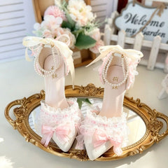 Cyflymder women's pumps and heels pink Lolita cosplay y2k heels high heels for woman bridal wedding heels bow pearl lace stiletto heels