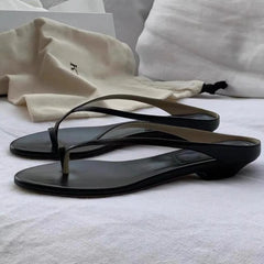 Cyflymder Leather Toe Strap Clip on Flip Flops Women Summer New Style with Thick Heel and Small Wedge Heel Sandals Slippers