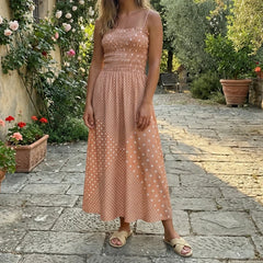 Cyflymder Women Polka Dot Print Dress Shirred Sleeveless Spaghetti Strap Maxi Dress Beach Vacation Party Night Cocktail Dress