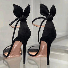 Cyflymder Summer Women Sexy Bunny Ear Sandals, Black Bow Summer New Open Toe Sexy Line Belt Party Heels, Women's Shoes