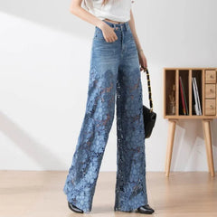 Cyflymder Fashion Elegant Jeans for Women High Waist Lace Patchwork Pantalones Hollow Out Oversized Spring Casual Loose All Match Pants