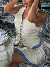 Cyflymder Halter Women's Two Piece Suit V-neck Sleeveless Single Breasted Top A-line Pleated Short Skirt Summer Lady Vacation Set