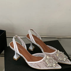 Cyflymder Lace Denim Women's Buckle Strap Rhinestone Sandals Female Shoe High Heels Laces Girls 2025 Comfort High-heeled Closed Spring