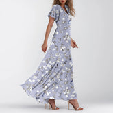Cyflymder Summer Beach Style Women'sFloral Dresses Casual Short Sleeve Maxi Long Shirts Floral Maxi Dresses Wedding Guest Flowing Dresses