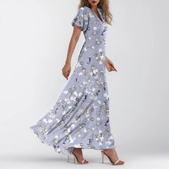 Cyflymder Summer Beach Style Women'sFloral Dresses Casual Short Sleeve Maxi Long Shirts Floral Maxi Dresses Wedding Guest Flowing Dresses