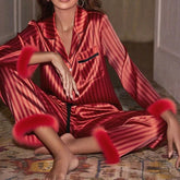 Cyflymder Christmas Feather Trim Striped Cute 2 Piece Set Satin Silky Pajamas Women Long Sleeve Blouse Shirt + Pants Sleepwear