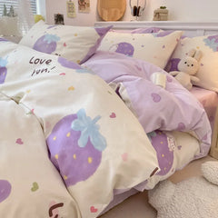 Cyflymder 4Pcs Pure Cotton Cartoon Pattern Printed Quilt Cover Breathable Colorfast Fitted Sheets Super Soft Dirt Resistant Bedding Set