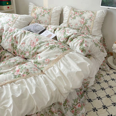 Cyflymder Korean Style Flowers Printing Bedding Set 100% Cotton Princess Lace Ruffles Duvet Cover Bed Skirt Pillowcases Girls Bedclothes