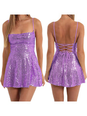 Cyflymder Women s Glittering Sequin Cocktail Dress Elegant Sleeveless V-Neck Sparkly Mini Party Dress with Adjustable Spaghetti Straps