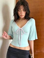 Cyflymder Color Block Lace-up Women Crop Tops V Neck Half Bell Sleeve Slim Fashion Pullover T-shirts Streetwear Summer Casual Tees