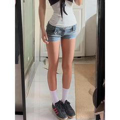 Cyflymder Y2k American Vibe Low Waist Distressed Denim Shorts Women Rolled Hem Frayed Edge Denim Shorts Retro Chic Streetwear Summer Daily