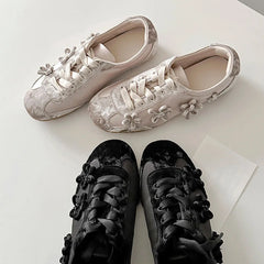 Cyflymder Summer Gary Cute Flowers Ballet Flats Shoes Women Black Sweet Casual Sneakers Shoes Trainers Comfy Walk Daily Footwear
