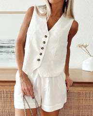 Cyflymder Summer Women Office 2 Piece Suit Fashion V-Neck Sleeveless Front Button Tank Pants Set Work Blazer Sets