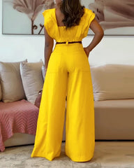 Cyflymder Elegant 2-Piece Set Square Neck Flutter Sleeve Shirred Top High Waist Wide Leg Pants Women's Casual Comfortable Outfits