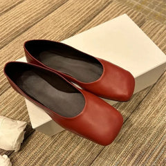 Cyflymder Women's Leather Ballet Flats Soft Soled Commuter Single Shoes Summer Square Toe Flat Mary Jane Shoes