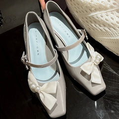 Cyflymder Sweet Bow Square Toe Chunky Heel Women Pumps Fashion Buckle Elegant Dress Mary Jane Shoe Ladies Luxury Wedding Bridal High Heels