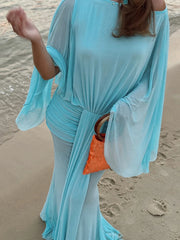 Cyflymder Batwing Sleeve Ruched Elegant Long Dress Woman Autumn Trend Sexy See Through o-Neck Backless Beach Style Chic Vestidos