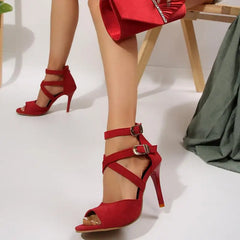 Cyflymder Sexy Red Suede Cross Strap Peep Toe Sandals Women Summer Super High Heels Sandals Gold Ankle Strap Party Dress Jazz Shoes