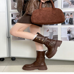Cyflymder Vintage Height Increase Women Knight Boots Square Heels Goth Mid Calf Booties Buckle Strap Casual Shoes