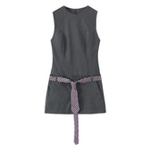 Cyflymder Elegant Slim Commute Lady Dress Sleeveless Belted Tie Design High Street Fashion Y2K Short Dress for Women Spring Fall