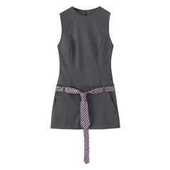 Cyflymder Elegant Slim Commute Lady Dress Sleeveless Belted Tie Design High Street Fashion Y2K Short Dress for Women Spring Fall