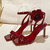 Cyflymder Summer Fashion Wine Red Patent Leather Flowers Ankle Strap Sandals Women Square Toe Gladiator High Heels Party Dress Shoes