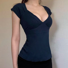 Cyflymder Milkmaid V-neck Top Women's Elegant Slim-fit Back Tie-up Bow T-shirt Short Sleeve Causal Basic Tees Streetwear Retro