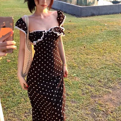 Cyflymder Female Clothing Square Collar Lace Dresses Polka Dot Summer New Stylish Ruffles French Style Flying Sleeve Aura Waist Long Dress