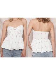 Cyflymder Women s Off-Shoulder Floral Print Crop Top with Bow Detail and Backless Design - Maternity Bandeau Shirt